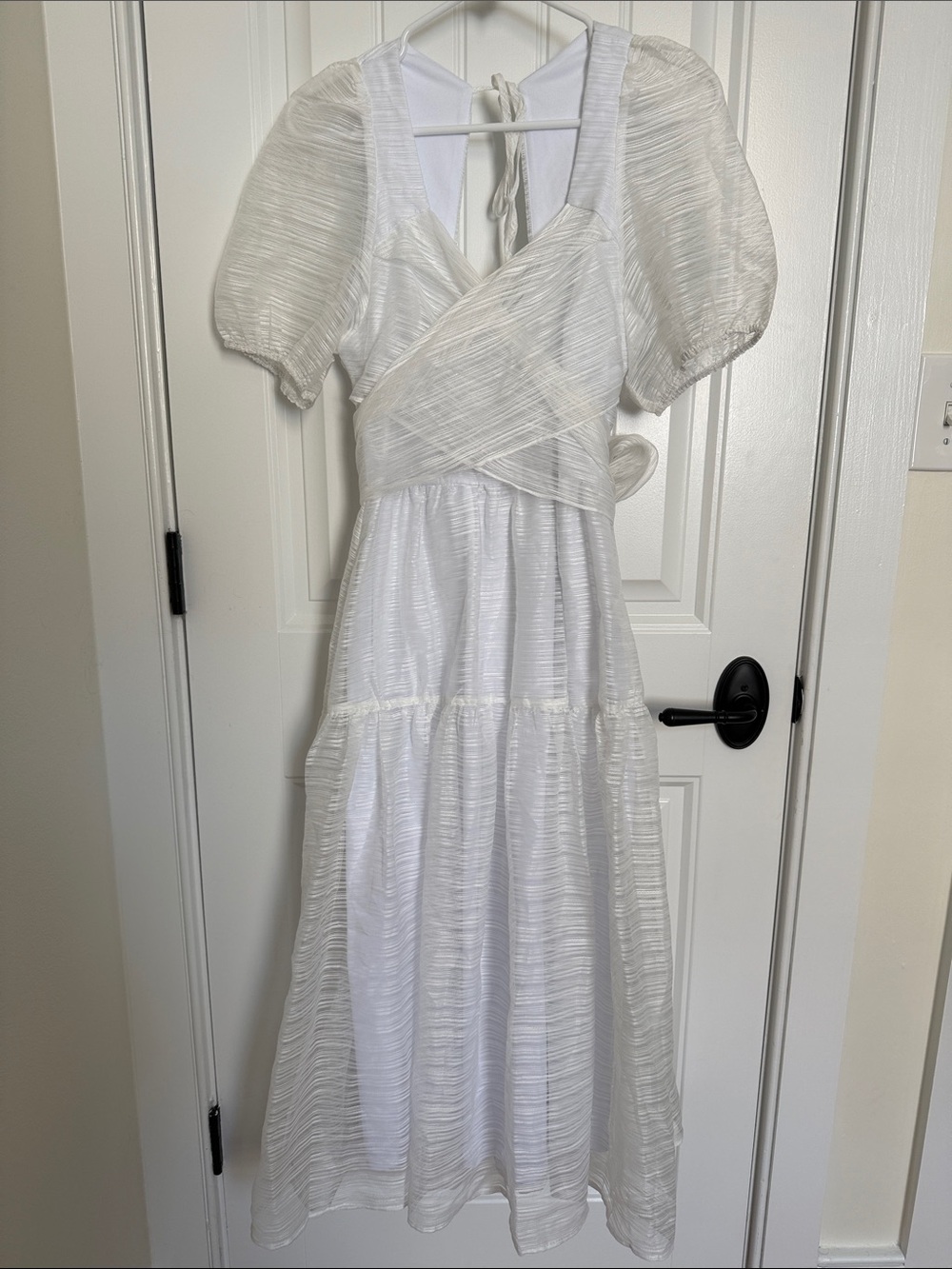 White Puff Sleeve Midi Dress - Elegant Wrap Bodice